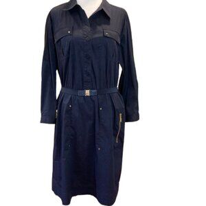 Ellen Tracy Professional Rich Navy Shirt Dress w Gold Trim Buttons, EUC, sz XL